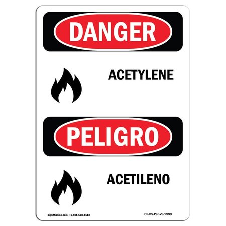 SIGNMISSION Safety Sign, OSHA Danger, 24" Height, Rigid Plastic, Acetileno, Bilingual Spanish OS-DS-P-1824-VS-1988
